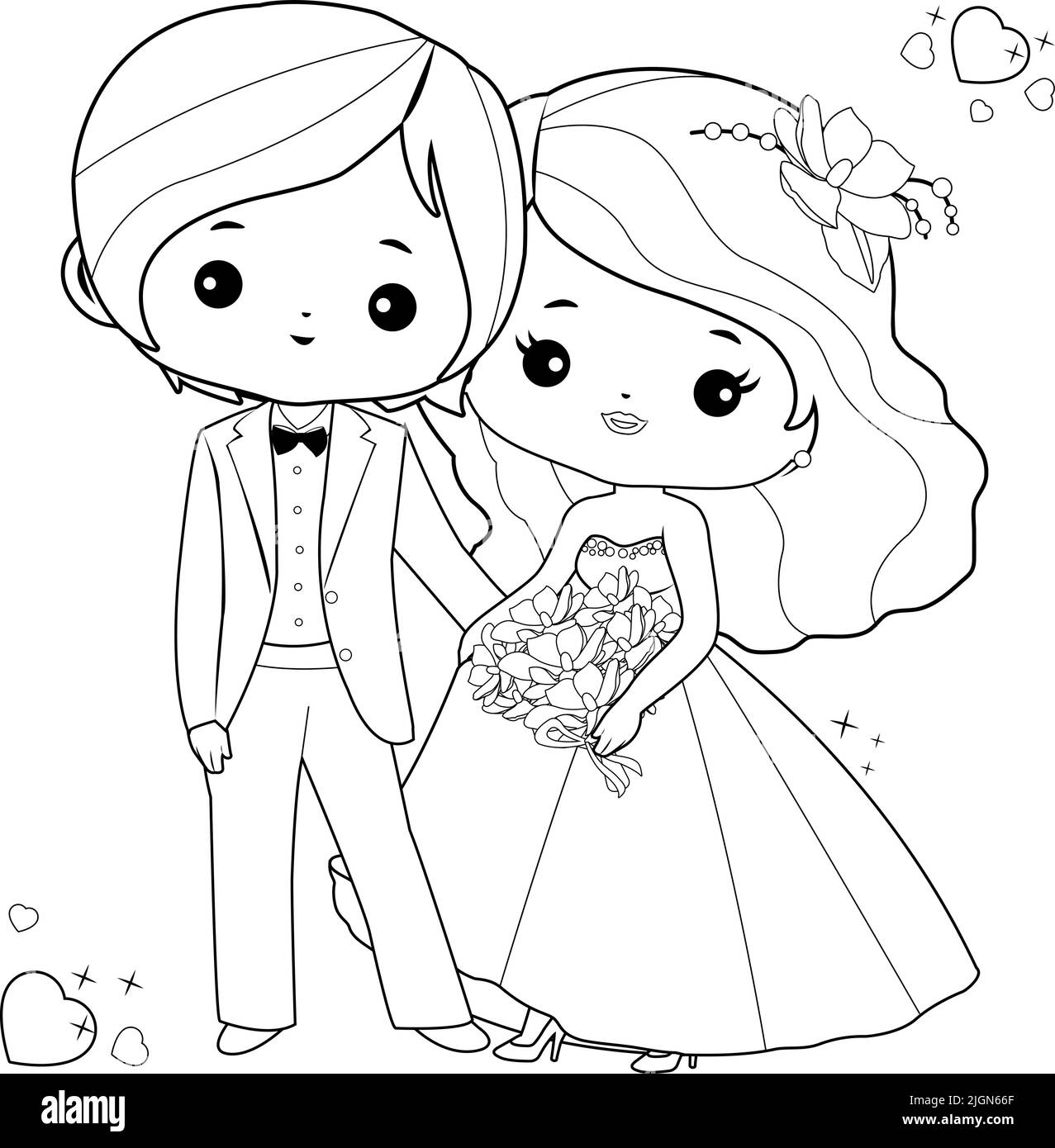 Bride and groom. Vector black and white coloring page Stock Vector