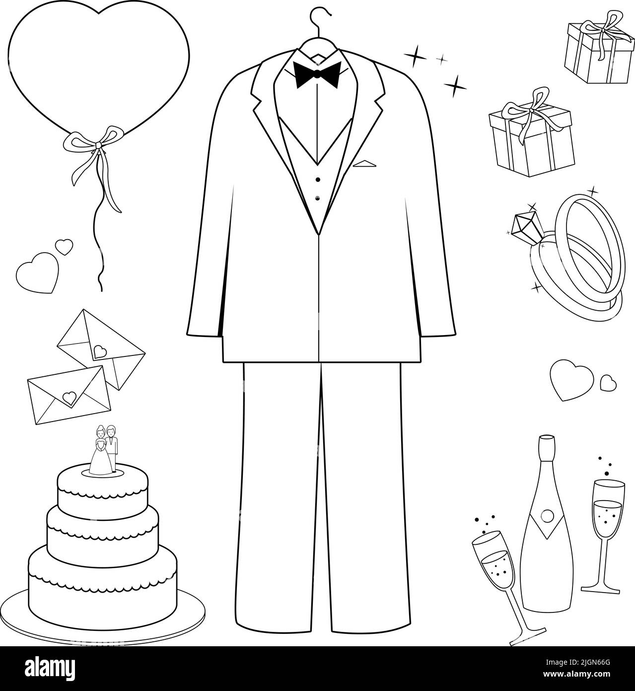 Wedding suit set. Vector black and white coloring page Stock Vector