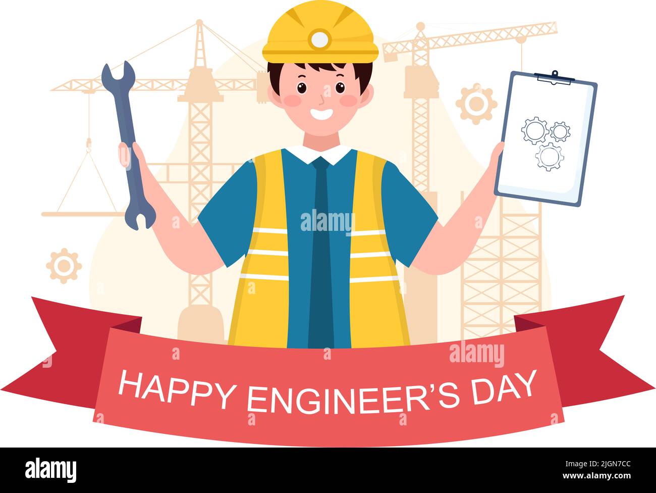 Happy Engineers Day Illustration Commemorative for Engineer with Worker, Helmet and Tools of in Flat Style Cartoon Stock Vector
