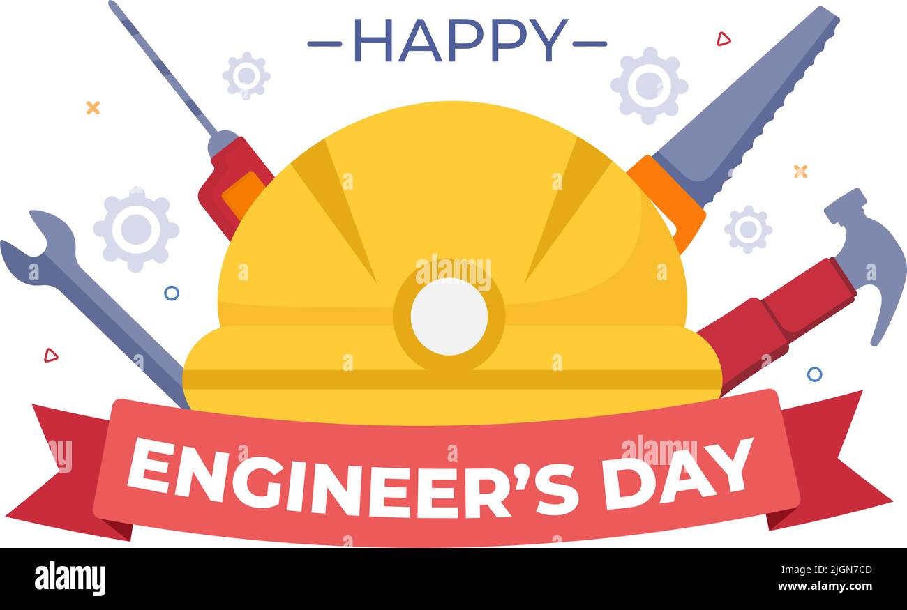 Happy Engineers Day Illustration Commemorative for Engineer with Worker, Helmet and Tools of in Flat Style Cartoon Stock Vector