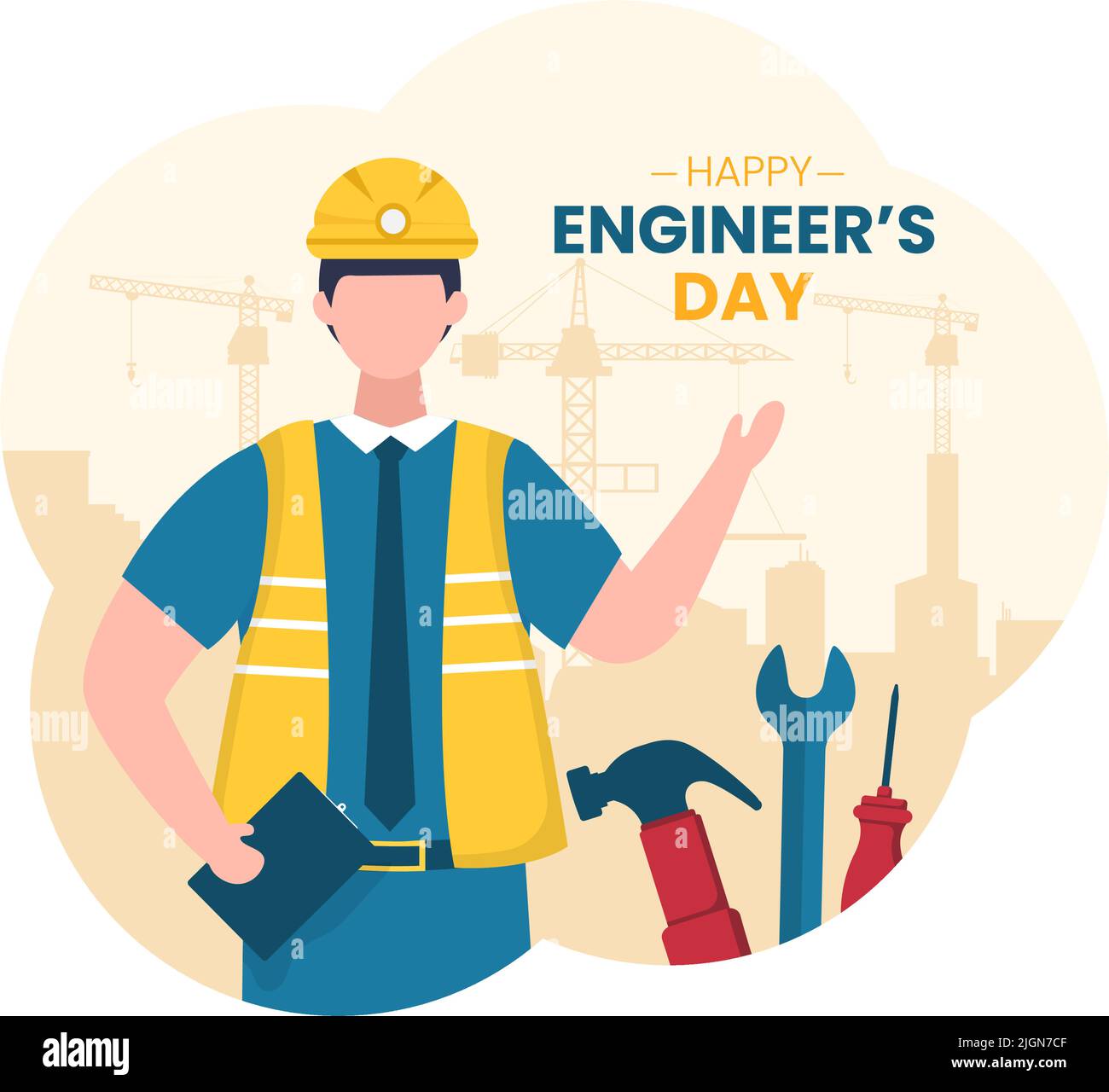 Happy Engineers Day Illustration Commemorative for Engineer with Worker, Helmet and Tools of in Flat Style Cartoon Stock Vector