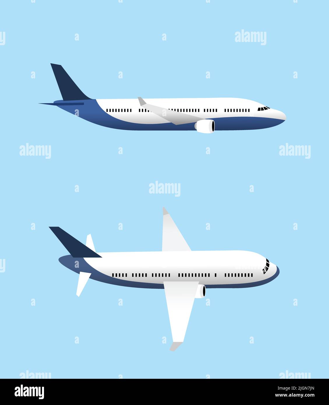 Airplane set flat vector isolated side view. Two airplanes flying. Stock Vector