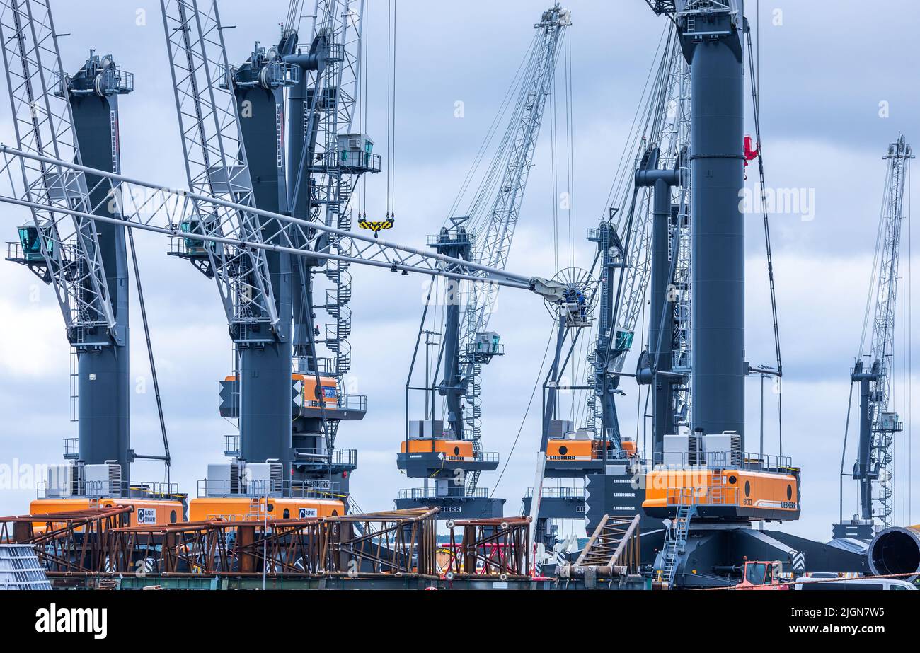 Rostock, Germany. 08th July, 2022. Mobile harbor cranes are located on
