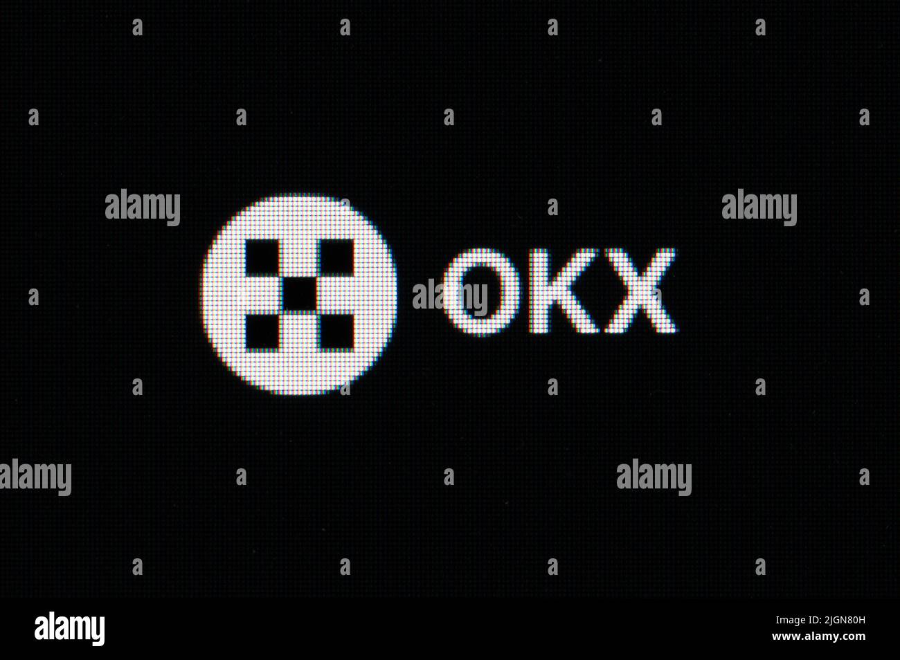 Rottweil, Germany. 11th July, 2022. The logo of the OKX crypto exchange can be seen on the screen of a computer in an office. Credit: Silas Stein/dpa/Alamy Live News Stock Photo