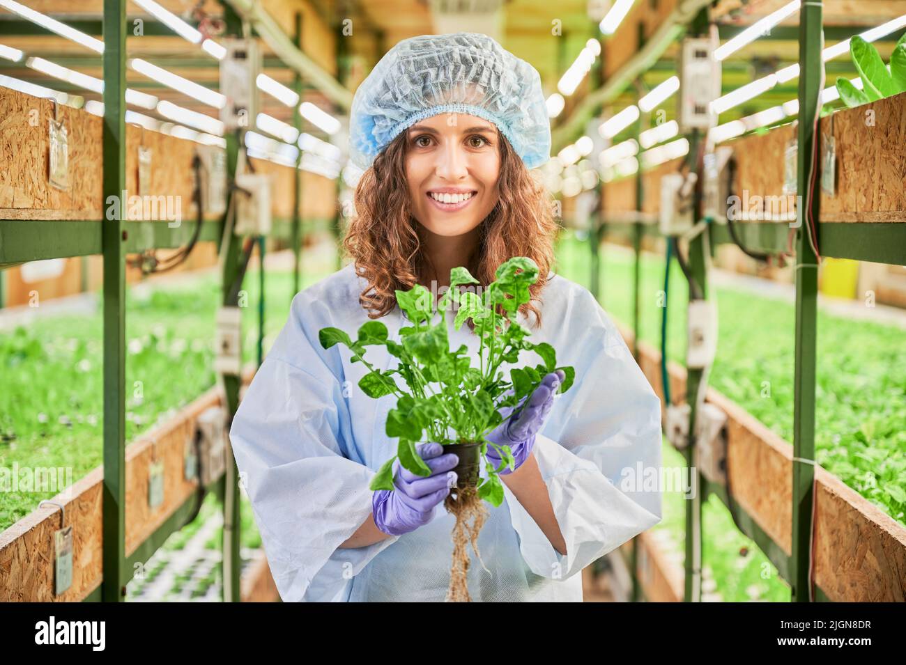 Cheerful female gardener looking at camera and smiling while holding ...