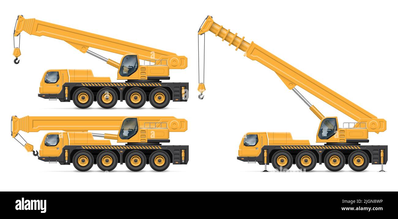 Crane truck vector illustration view from side isolated on white background. Construction vehicle mockup. Stock Vector