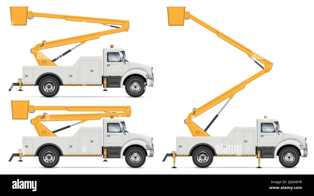 Bucket truck vector illustration isolated on white background. Cherry picker truck side view mockup. Stock Vector