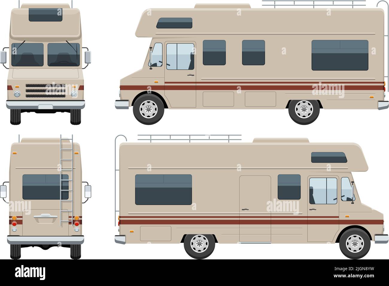 RV motorhome vector template with simple colors without gradients and effects. View from side, front, back Stock Vector