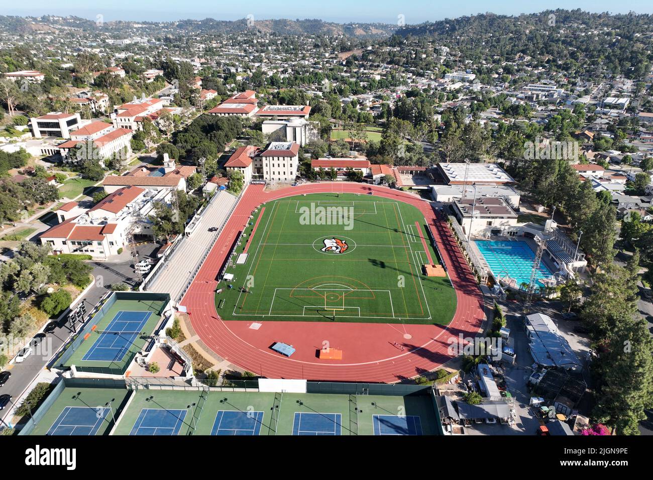 A general overall aerial view of the track and Football field at Jack ...