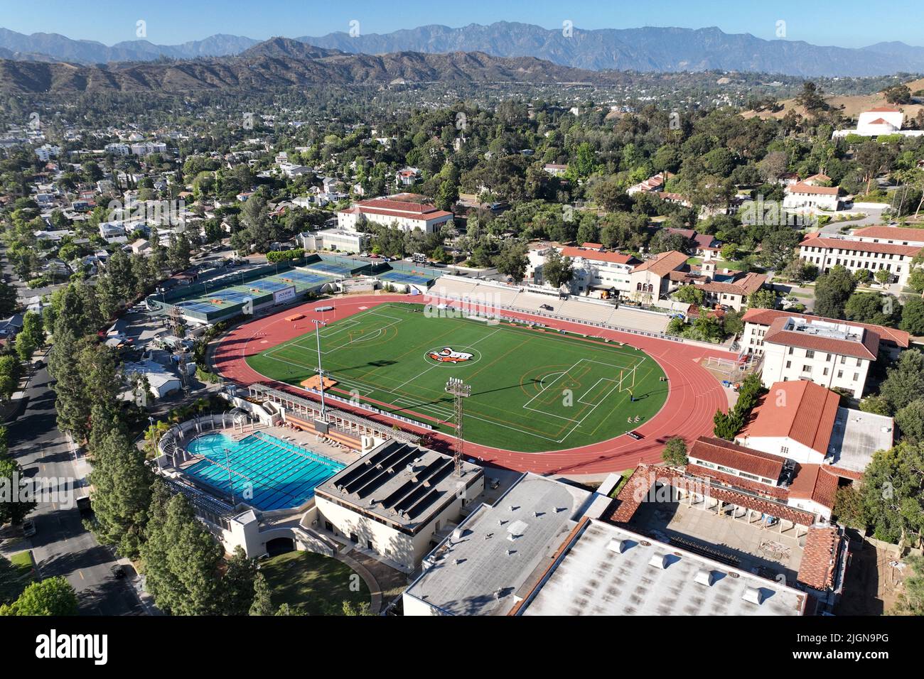 A general overall aerial view of the track and Football field at Jack ...