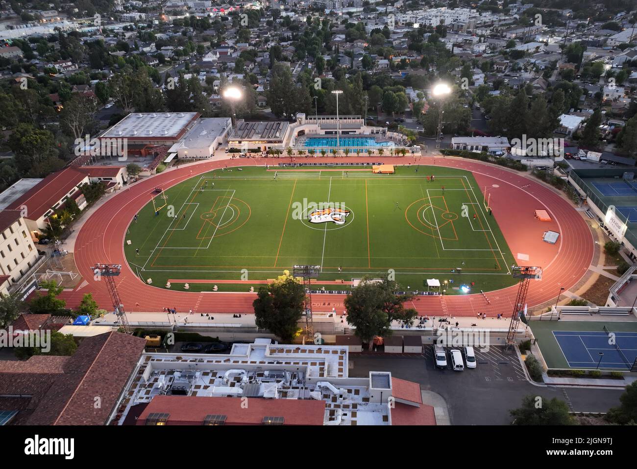 A general overall aerial view of the track and Football field at Jack ...