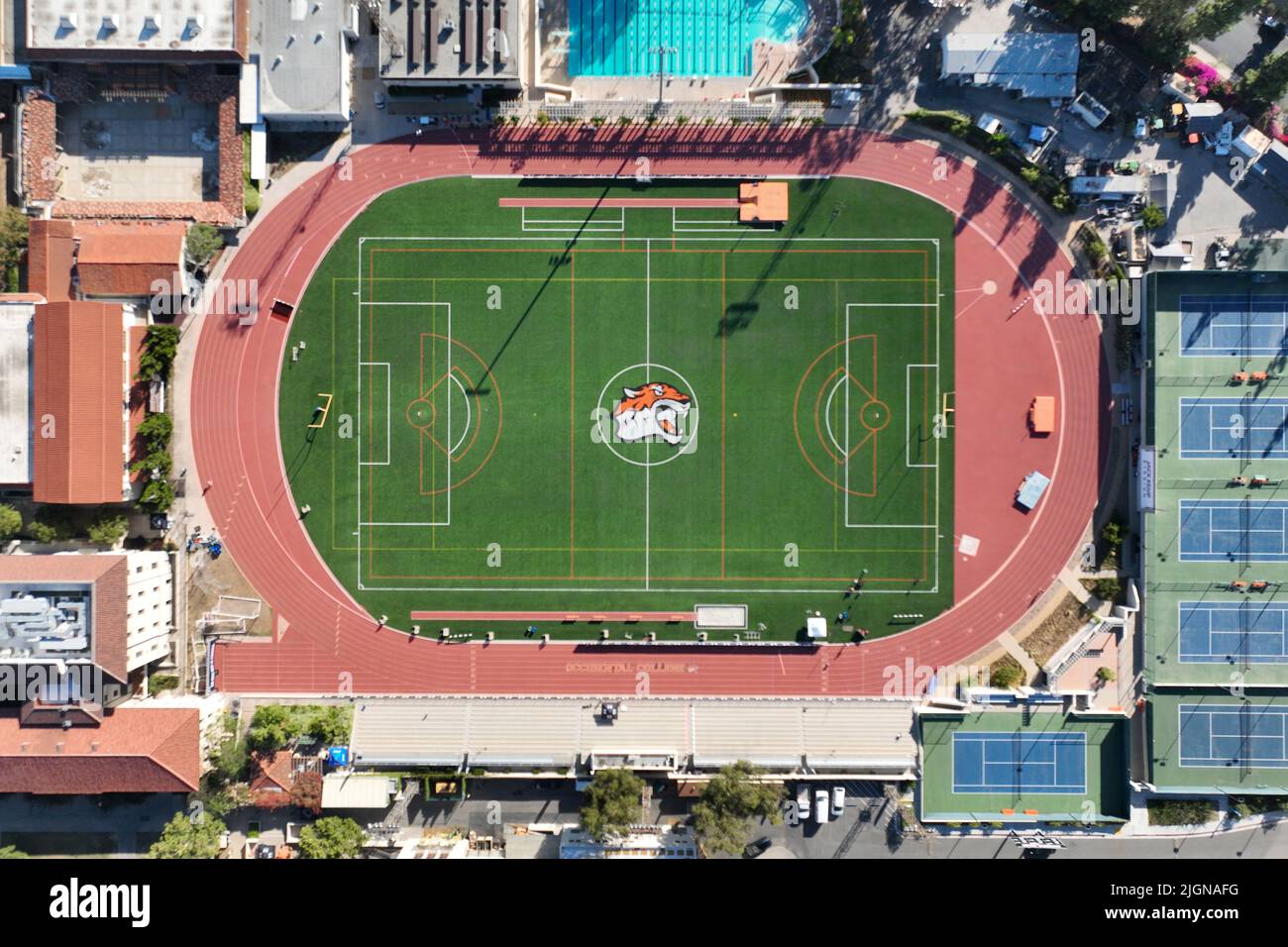 A general overall aerial view of the track and football field at Jack