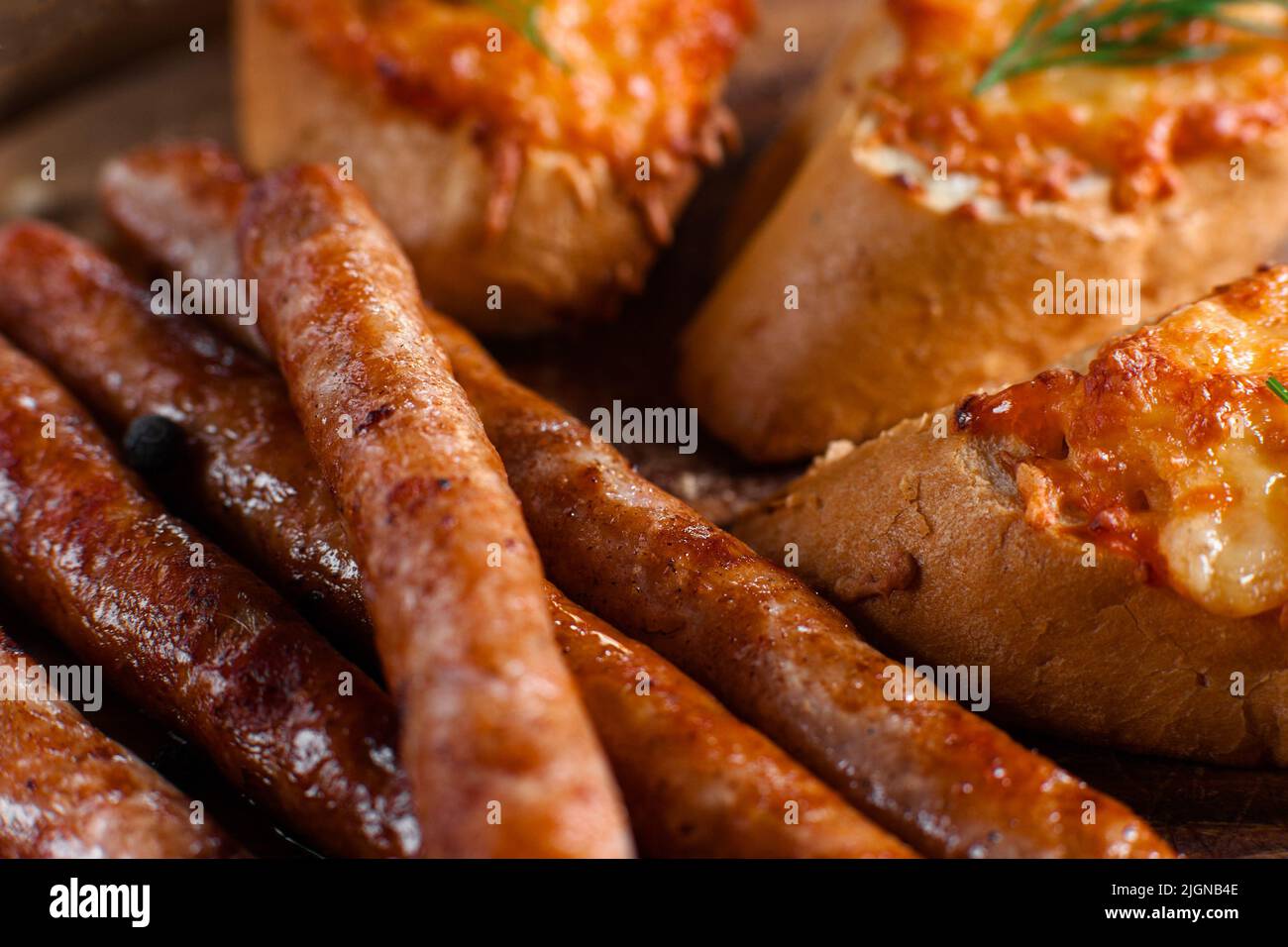 Bavarian sausages with canapes closeup Stock Photo