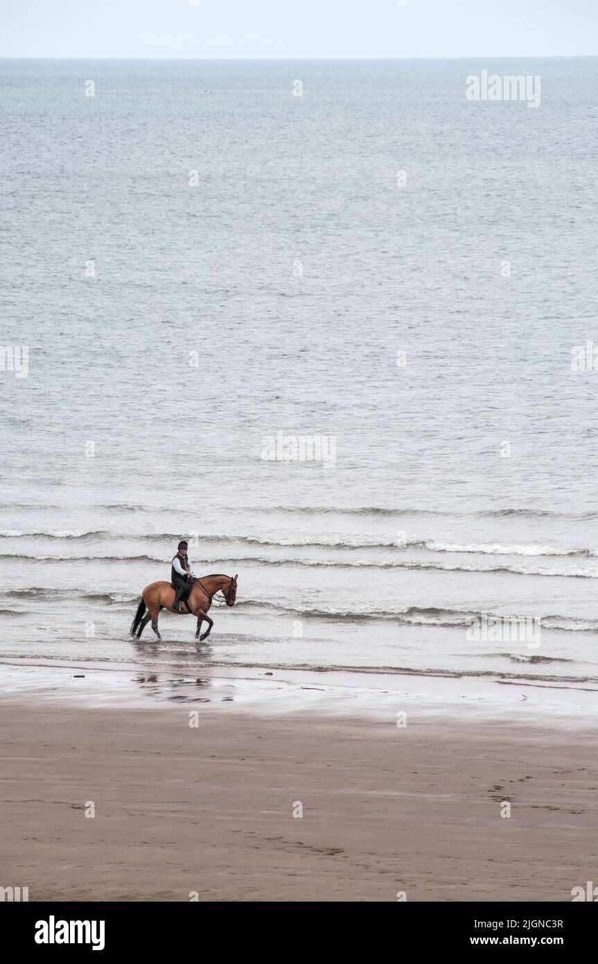 Around the UK - Single horse rider on Sandsend Bay, , North Yorkshire, UK Stock Photo