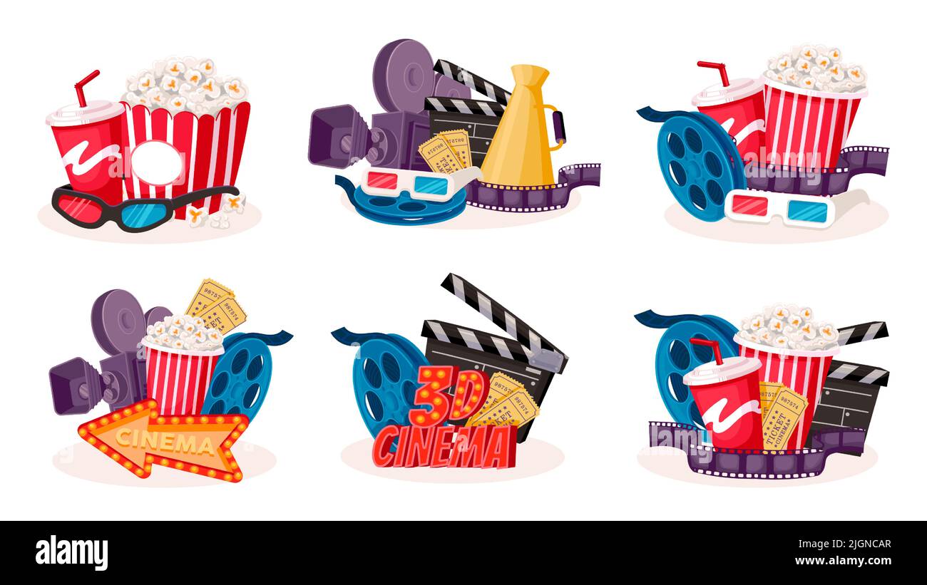 Cinema cartoon icons. Cartoon movie production and film theater symbols collection, camera film bobbin popcorn clapper cinematography elements. Vector Stock Vector