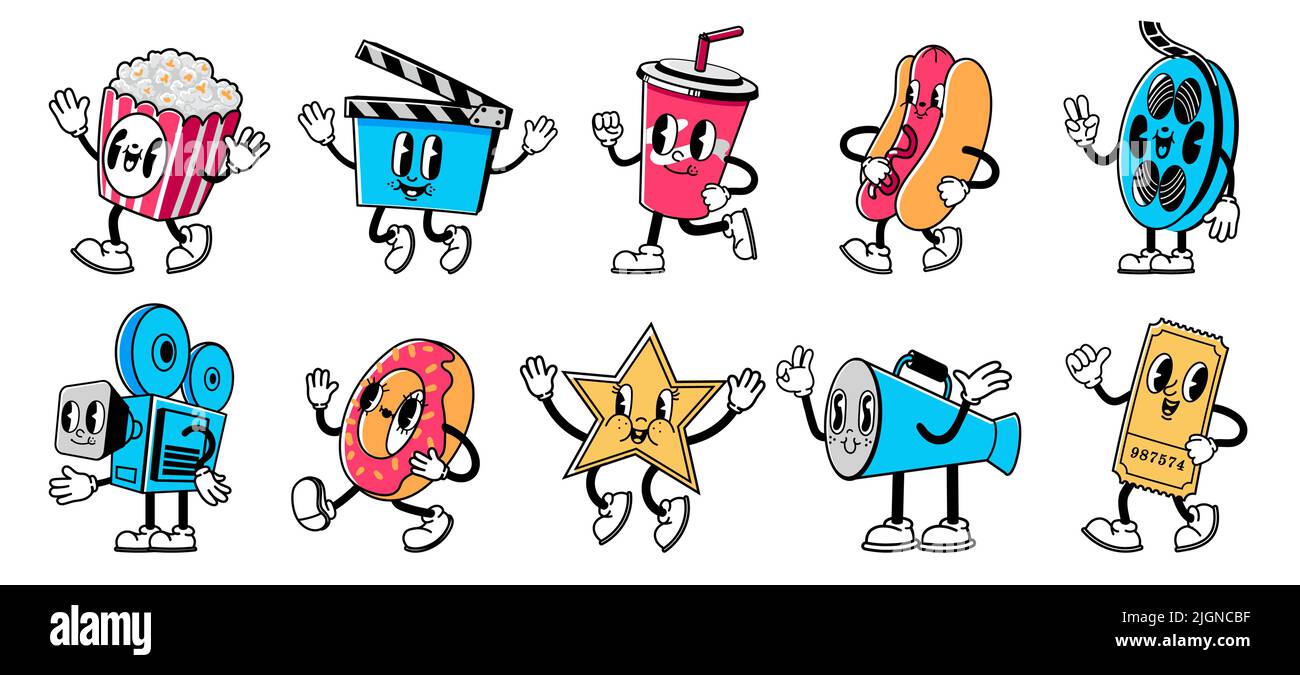 Cartoon movie mascots. Cinema theater and film making accessories characters with cute cheerful emotions, hands and legs. Vector cinematography Stock Vector
