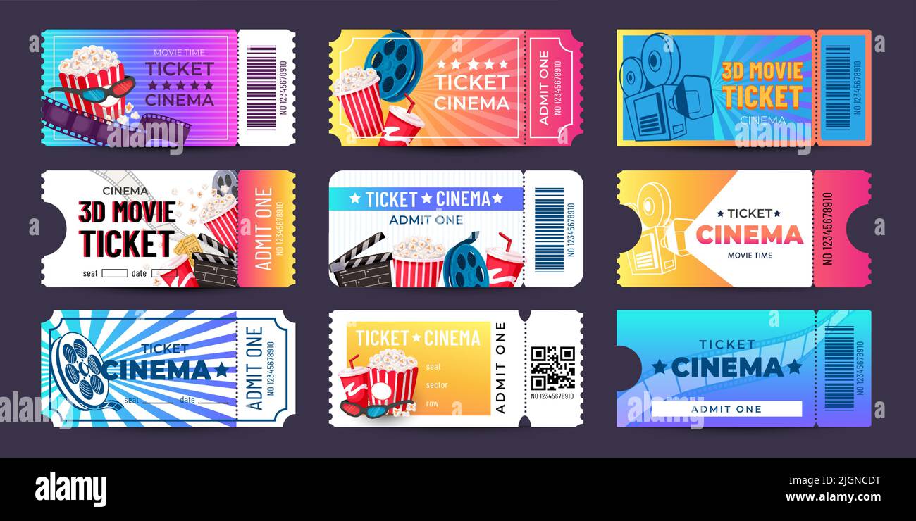 Movie tickets. Cinema event coupon with cartoon icons, retro entry