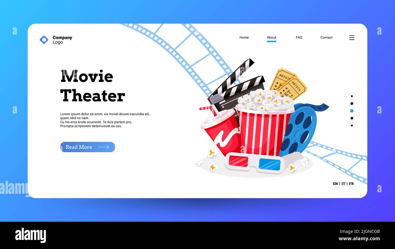Cinema landing page. Movie making and film theater tickets booking web page layout with camera ticket megaphone bobbin clapper icons. Vector website Stock Vector