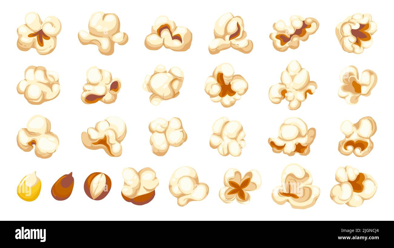Cartoon popcorn shapes. Film and TV snacks of popping corn, cinema fun food of various shapes. Vector isolated set Stock Vector