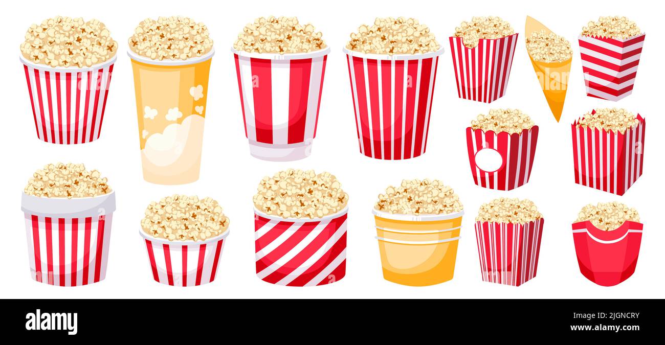 Popcorn buckets. Cartoon holiday snacks mockup for film and TV watching