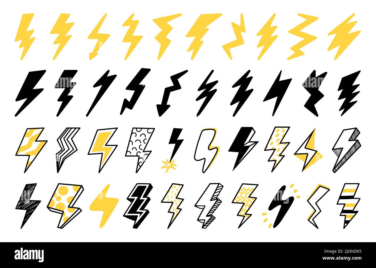 Lightning icon. Flash strike, electric power and electricity logo, nature thunderbolt yellow shape. Vector isolated clipart symbol of thunder light Stock Vector