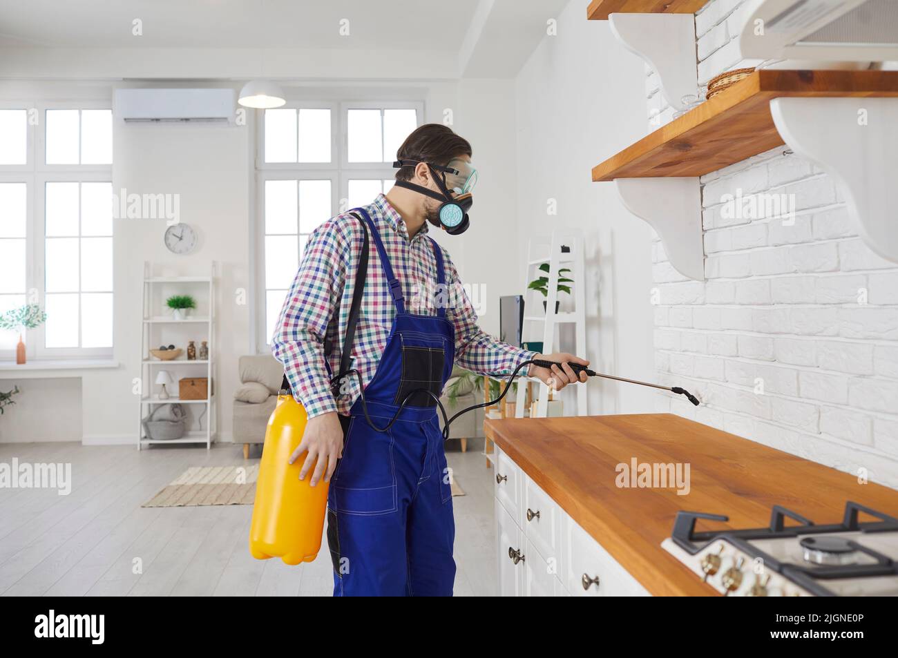 Worker from pest control service spraying insecticide inside a house or apartment Stock Photo