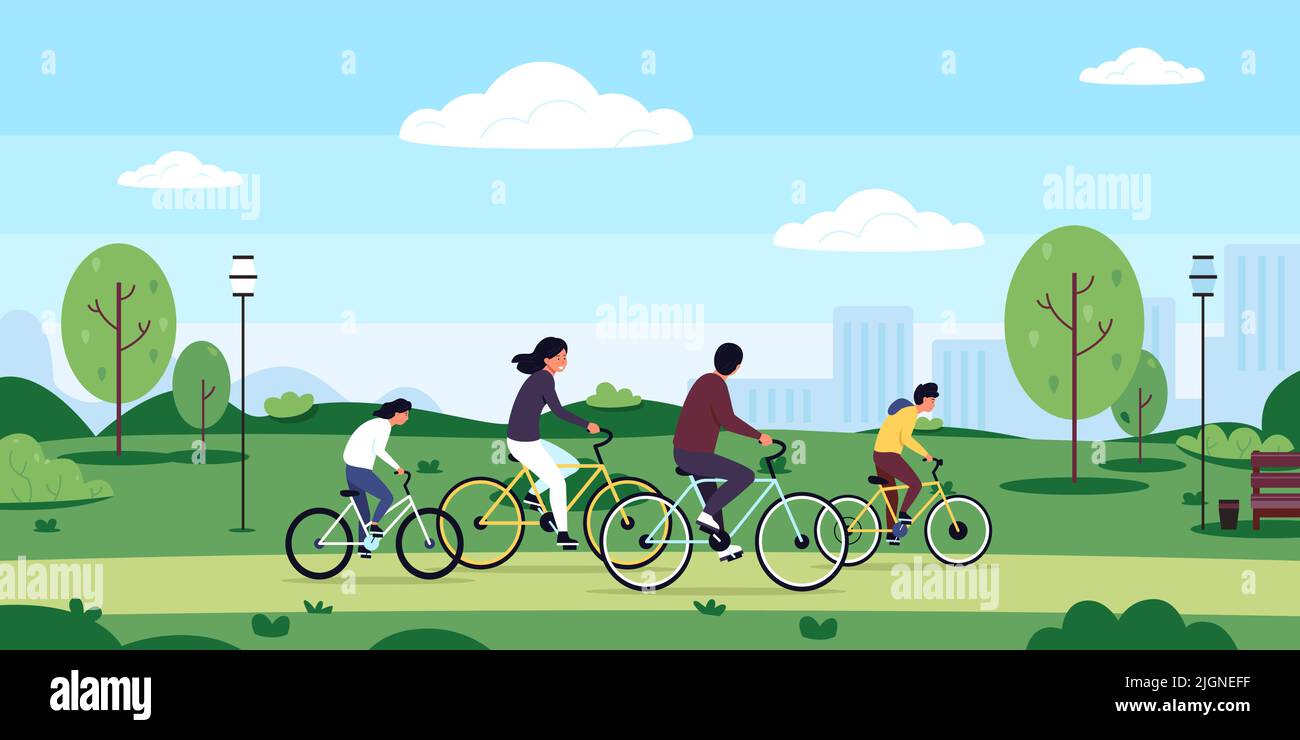 Family on bicycle. Cartoon outdoor bike ride on nature with kids mom and dad, family characters together on active leisure cycling in park. Vector Stock Vector