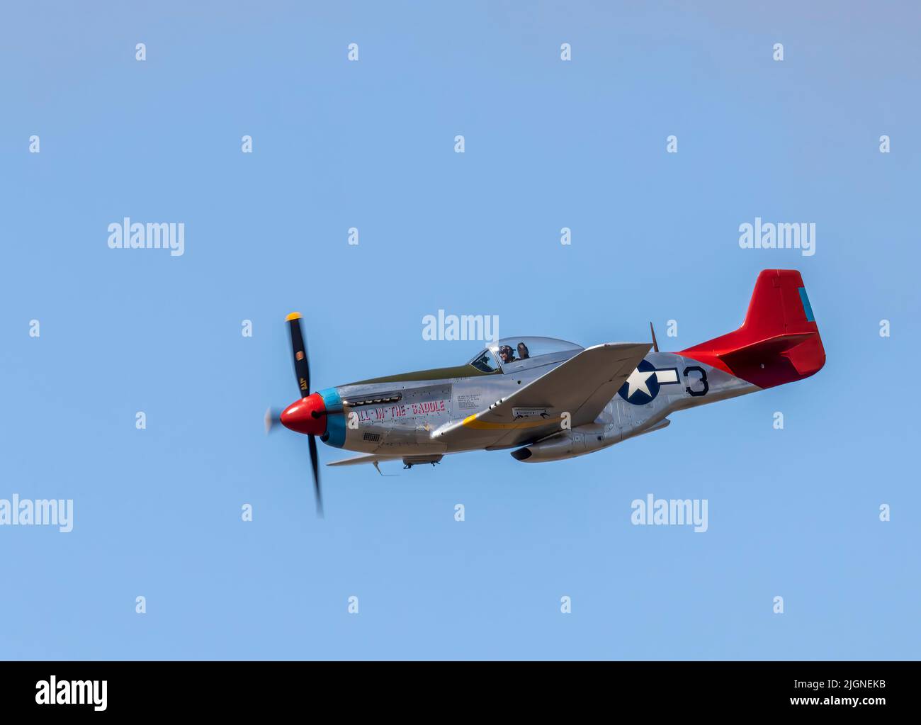 Tall In The Saddle, a P51D-20-NA model of the infamous P51 Mustang aircraft built for the United States Air Force, flying at Southport, Merseyside, UK Stock Photo