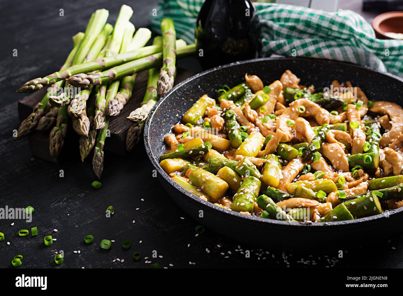 Stir fry with chicken and asparagus. Chicken stirfry.  Chinese food. Stock Photo