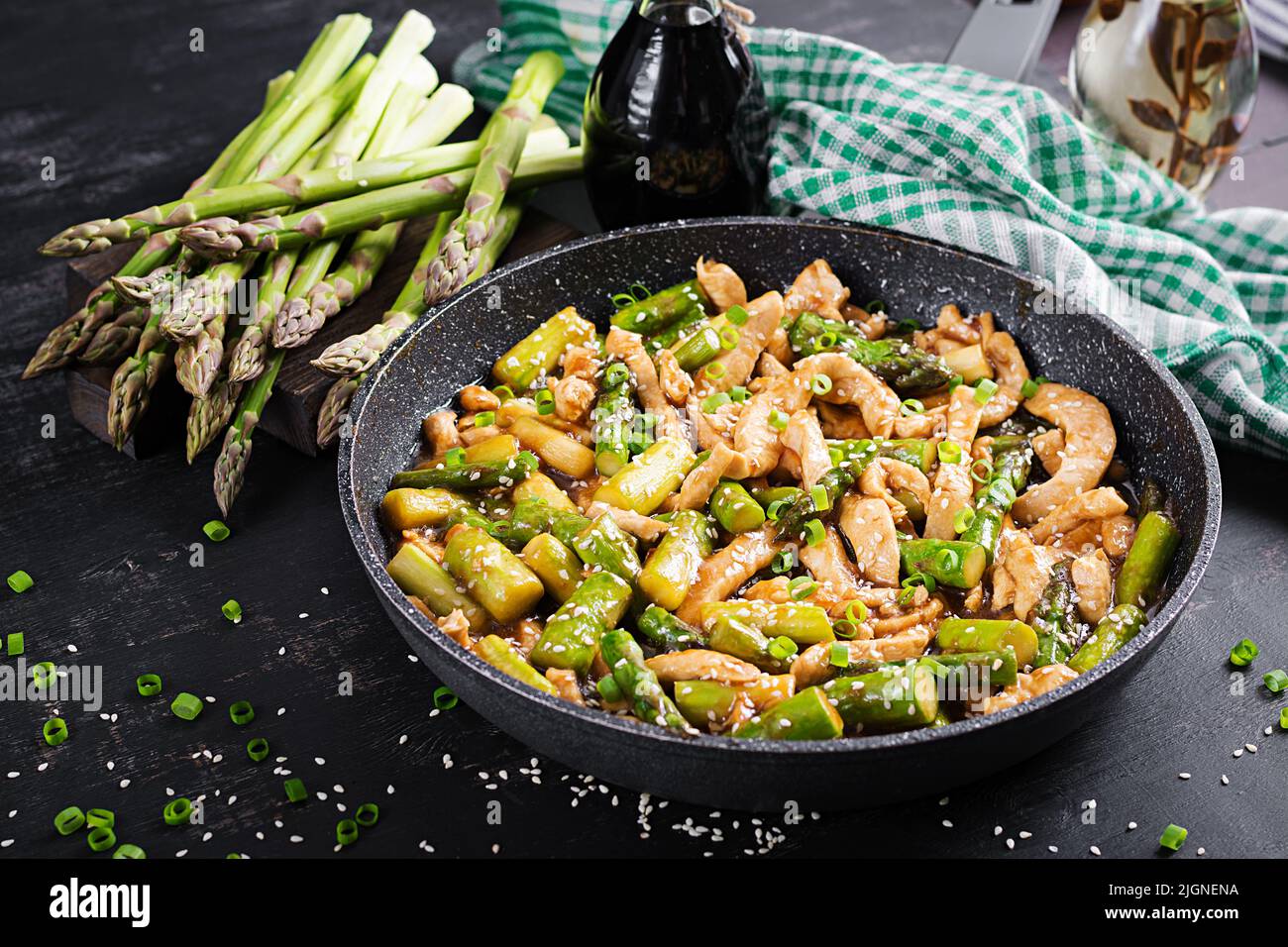 Stir fry with chicken and asparagus. Chicken stirfry.  Chinese food. Stock Photo