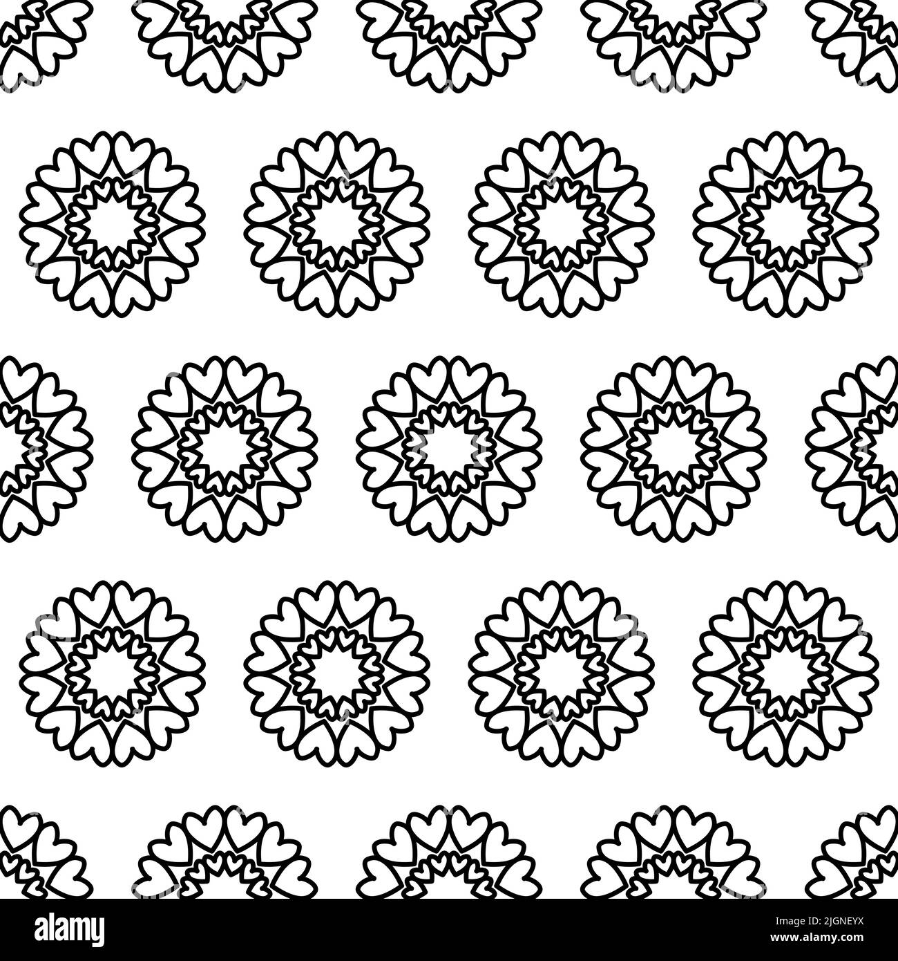 Creative seamless pattern black white mandala heart in circle background for design Stock Vector