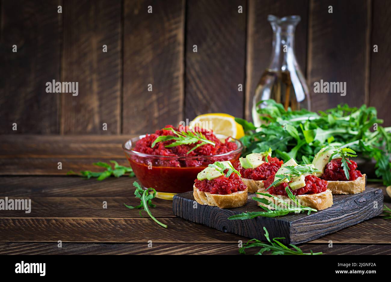 Vegetarian food. Healthy eating. Sandwiches with beetroot  pate. Stock Photo