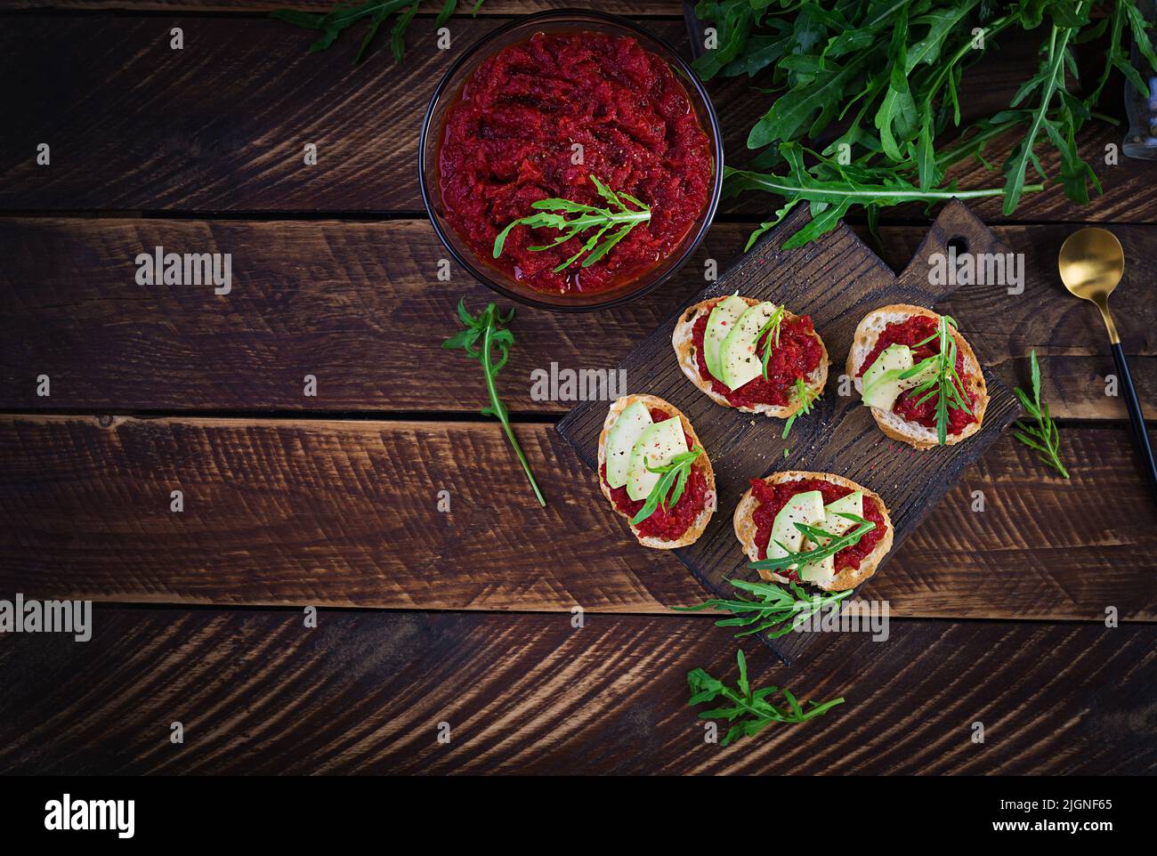 Vegetarian food. Healthy eating. Sandwiches with beetroot  pate. Top view, overhead Stock Photo