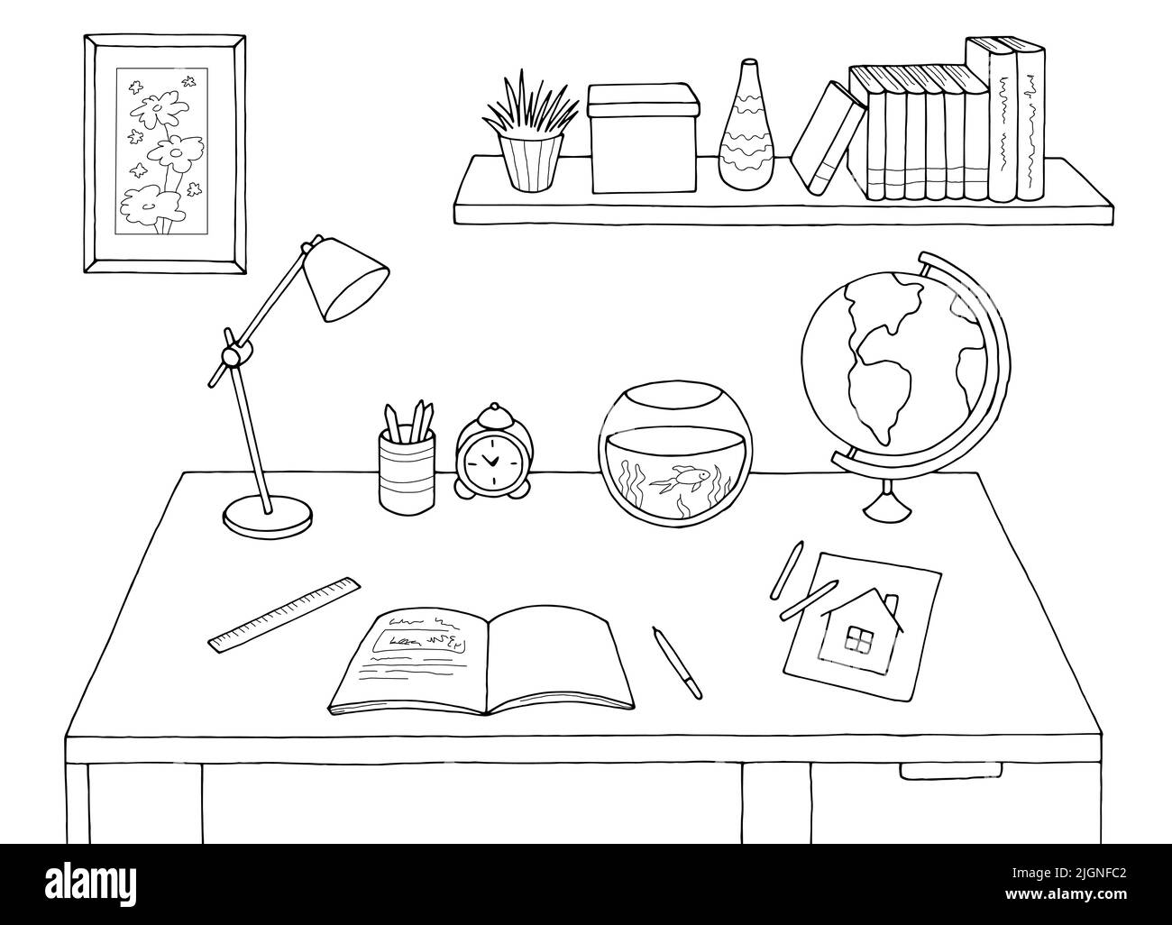 Study table graphic black white interior sketch illustration vector Stock Vector