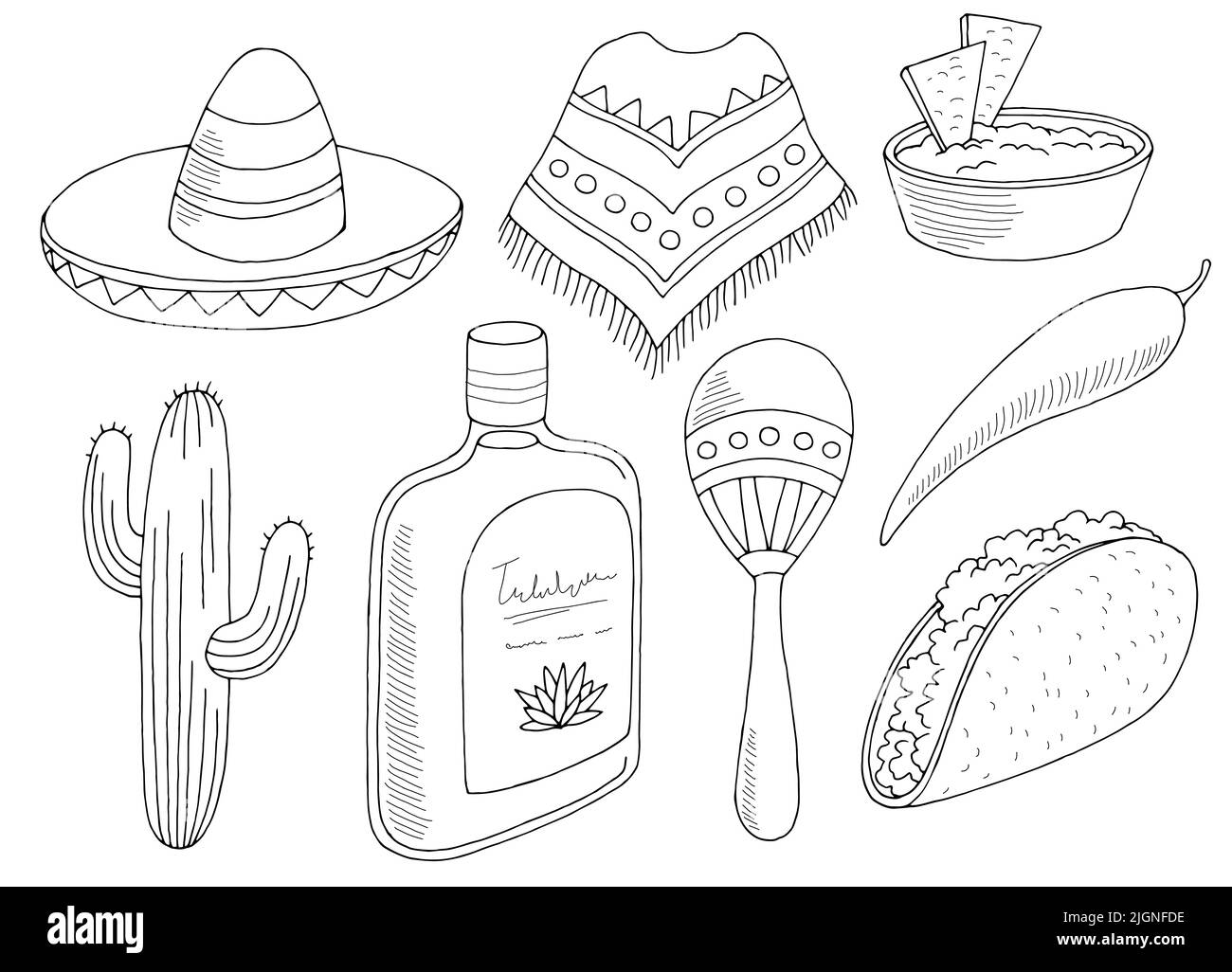 Mexico set graphic black white isolated sketch illustration vector Stock Vector