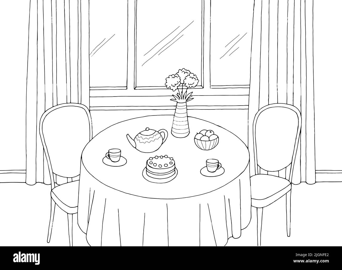 Dining room home interior graphic black white sketch illustration