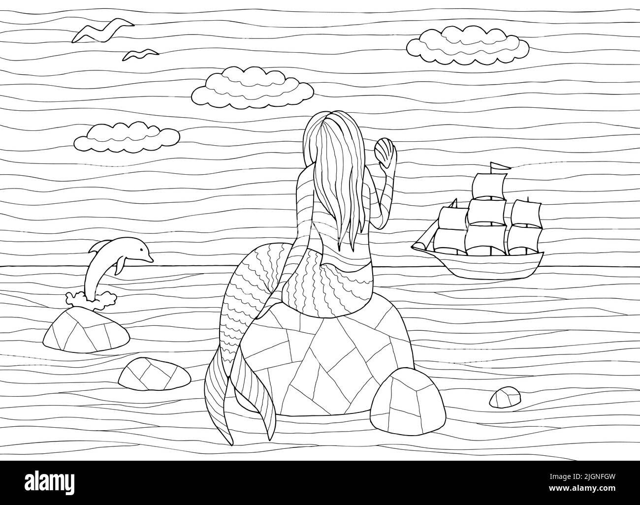 Mermaid coloring graphic black white sea landscape sketch illustration vector Stock Vector