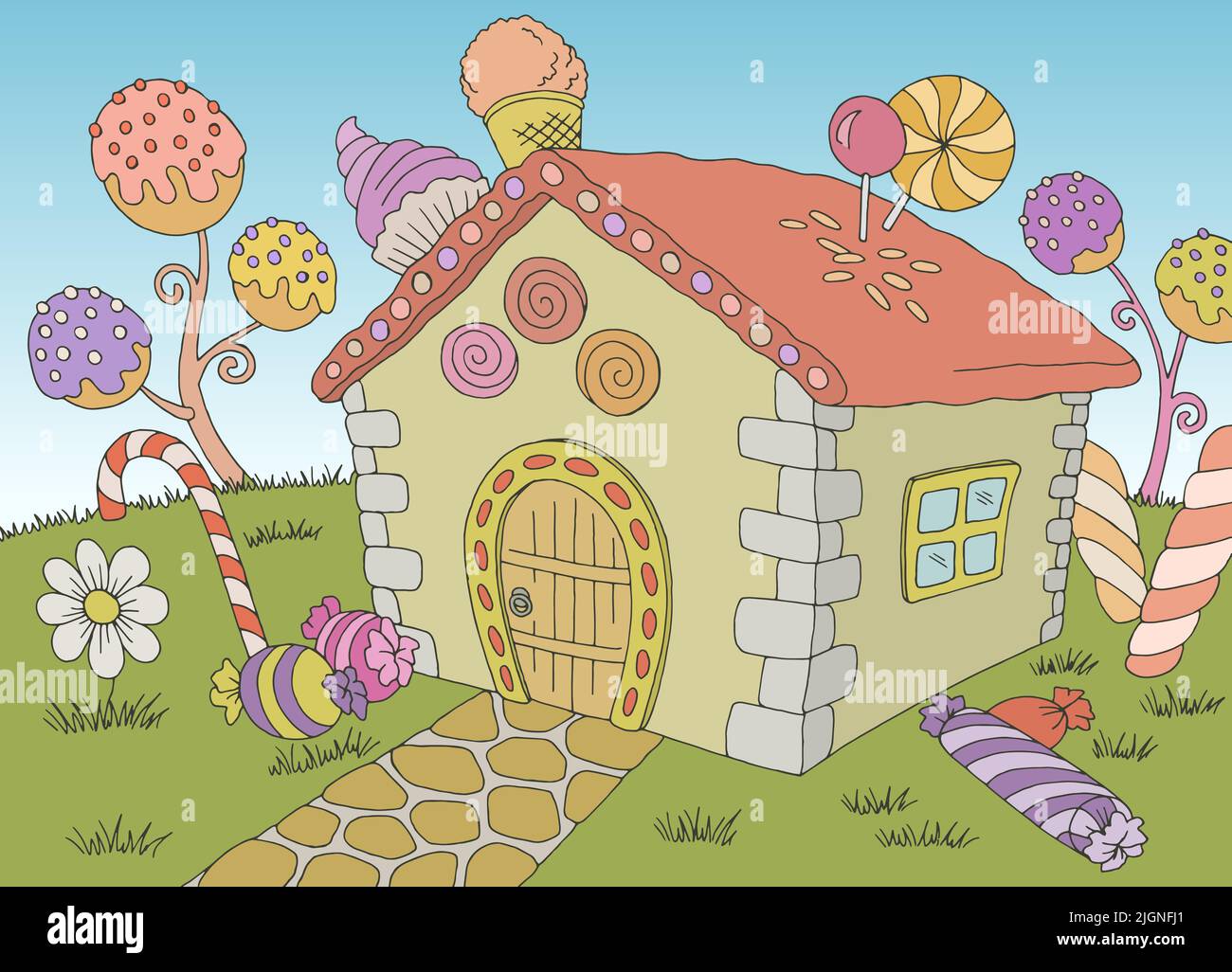 Candy house building exterior graphic color landscape sketch illustration vector Stock Vector