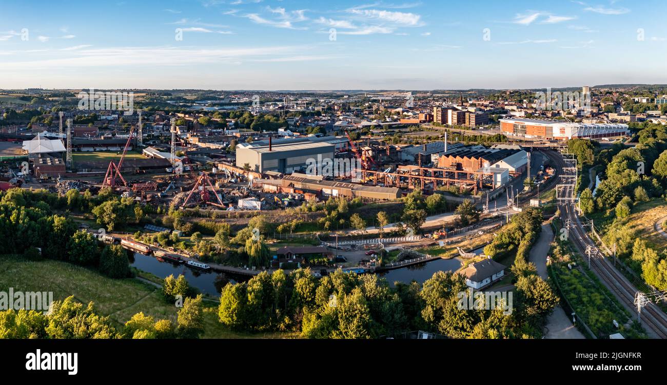 Aerial  view of Rotherham cityscape in South Yorkshire with The New York Football Stadium hosting the Women's European football championship Euro 2022 Stock Photo