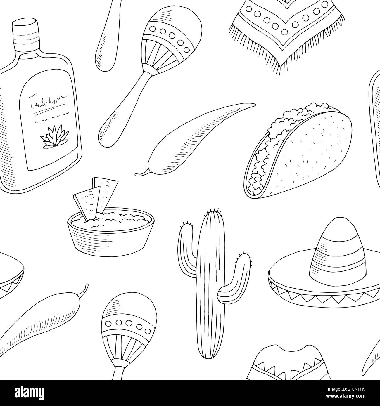 Mexico seamless pattern background graphic black white sketch illustration vector Stock Vector