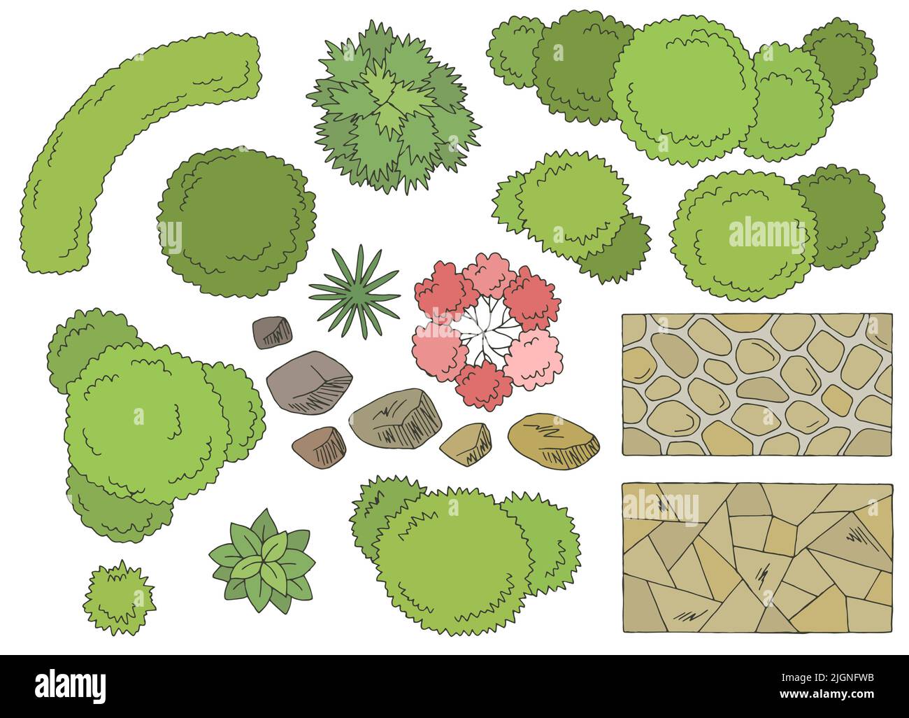 Landscape architect design element set graphic color top sketch aerial view isolated illustration vector Stock Vector