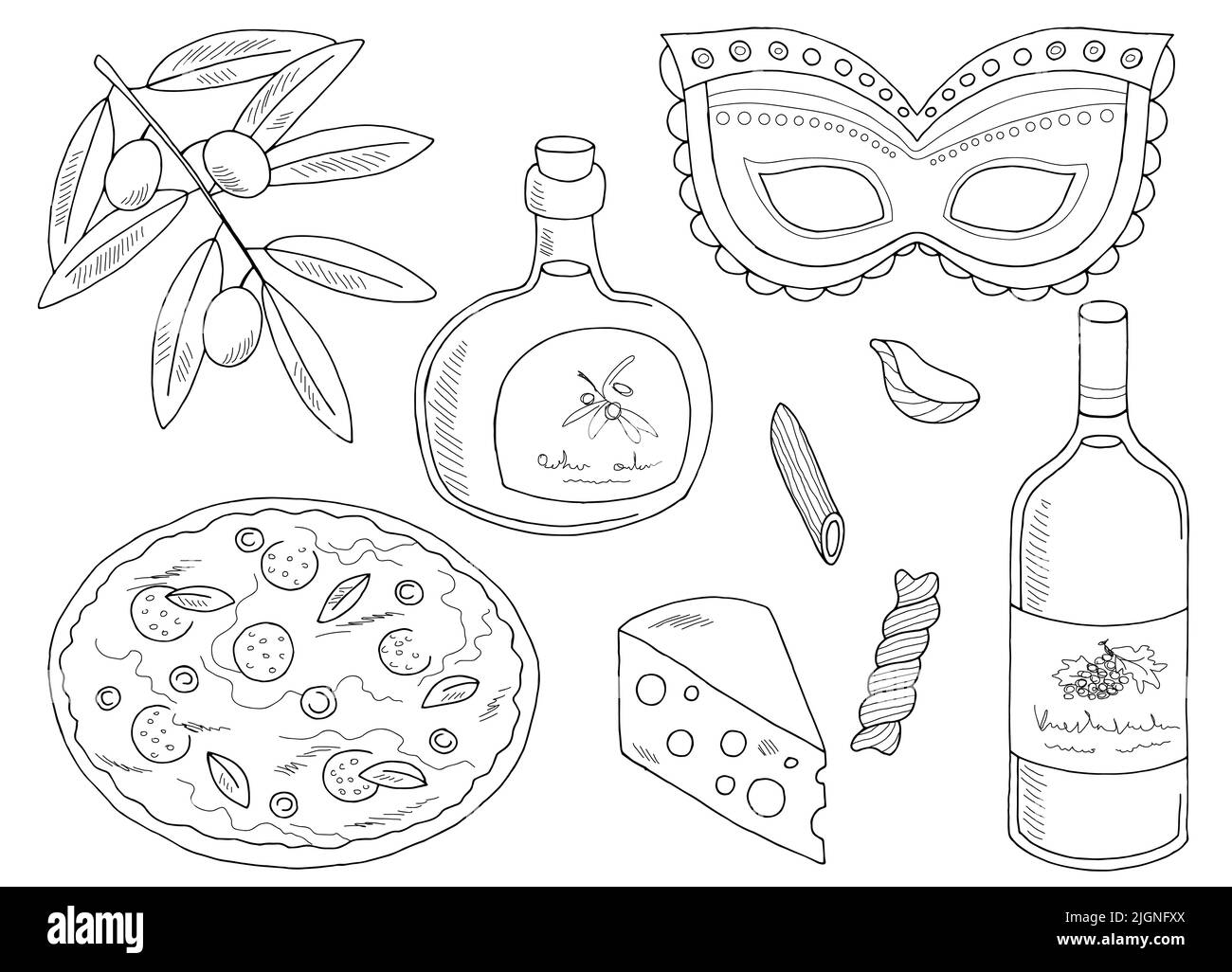 Italy set graphic black white isolated sketch illustration vector Stock Vector