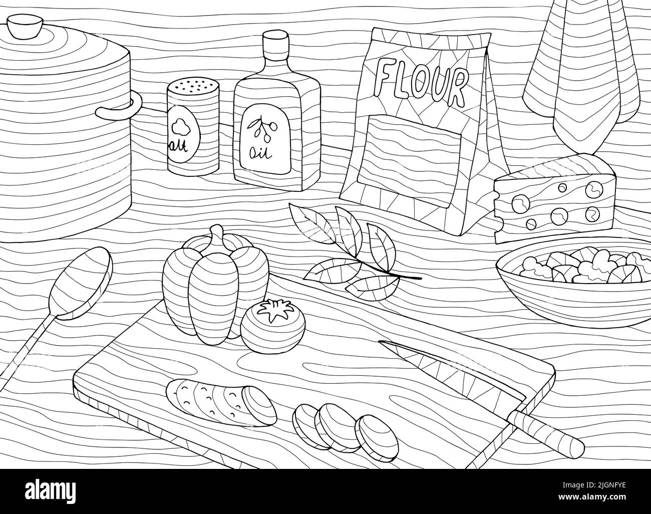 Cooking coloring food graphic black white sketch illustration vector Stock Vector