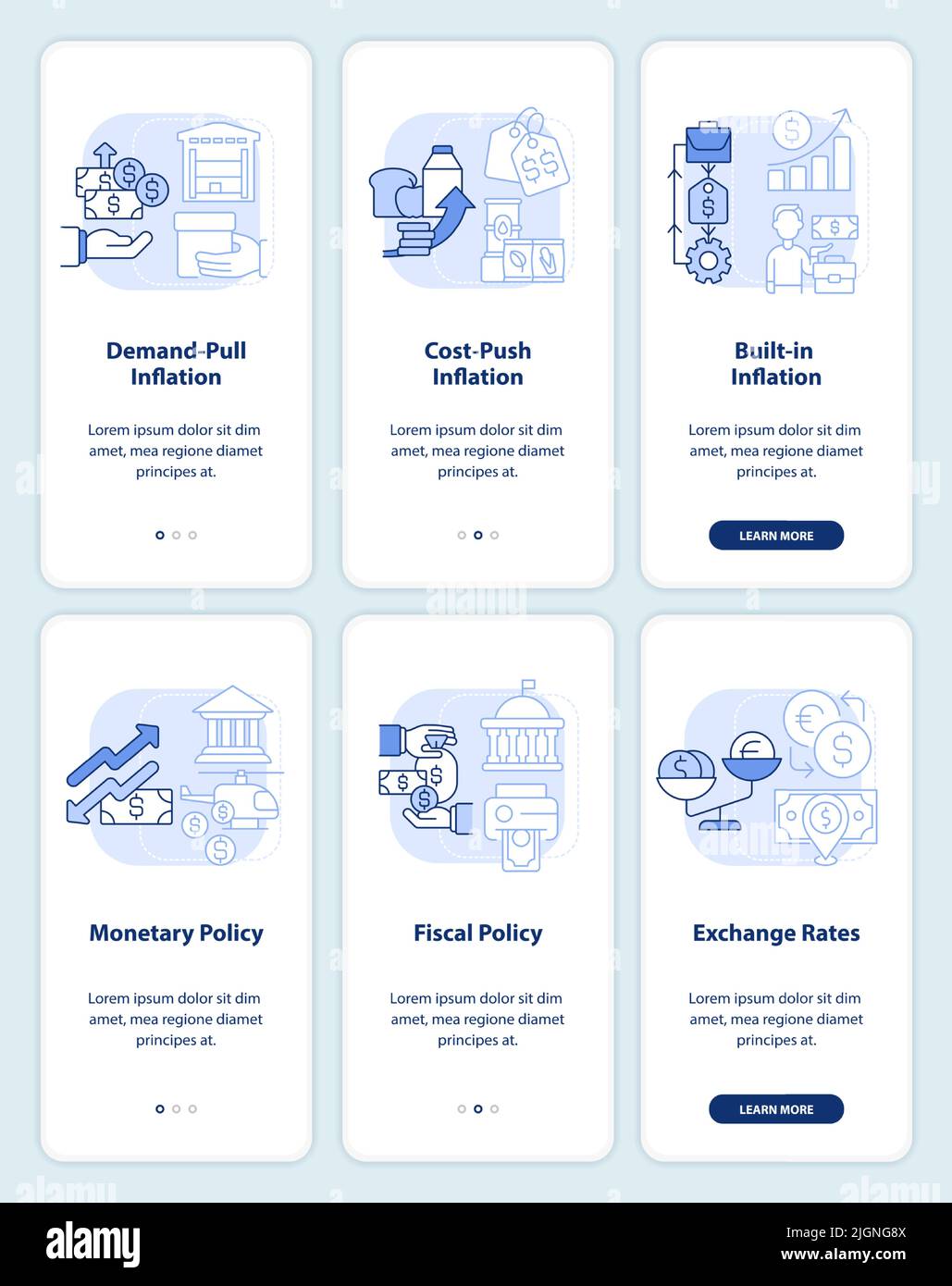 Inflation types and causes light blue onboarding mobile app screen set ...