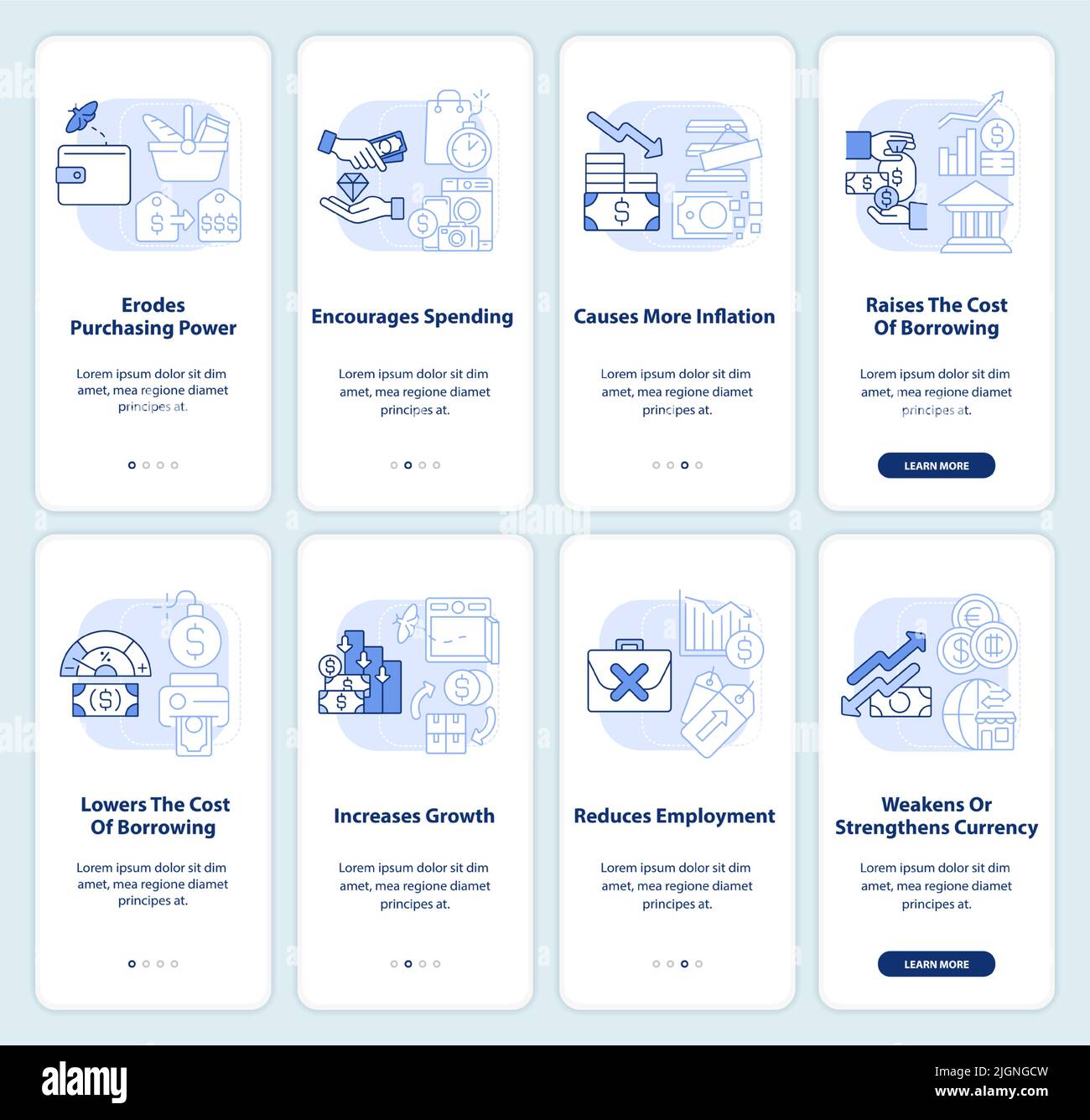 Inflation consequences light blue onboarding mobile app screen set ...