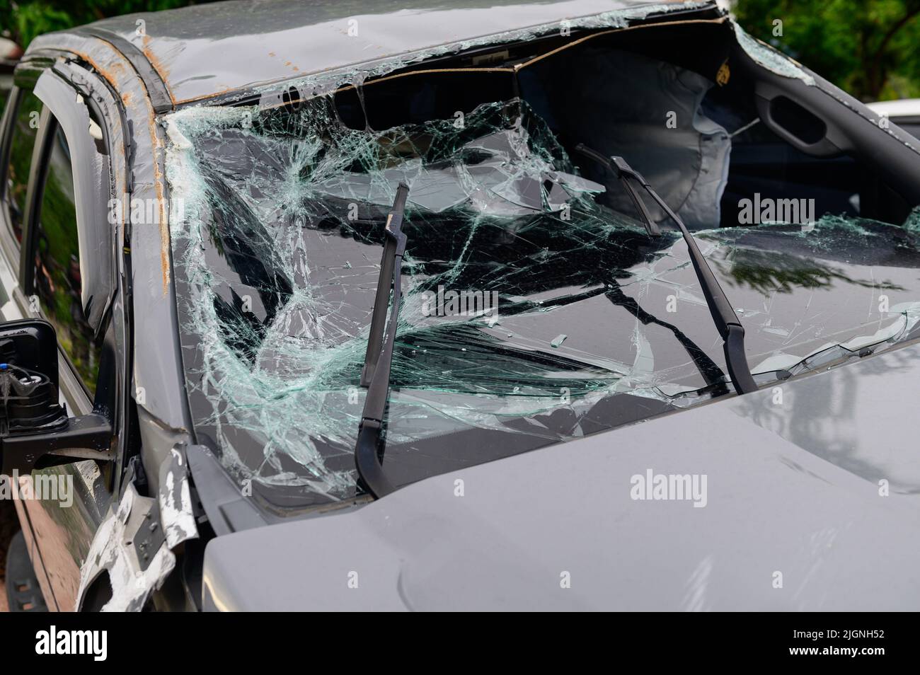 Car accident with broken windshield Stock Photo