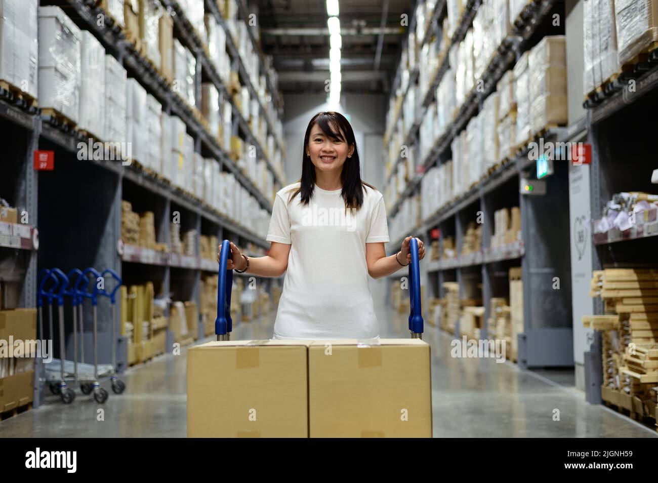 Portrait young woman with trolley in warehouse of furniture store Stock Photo