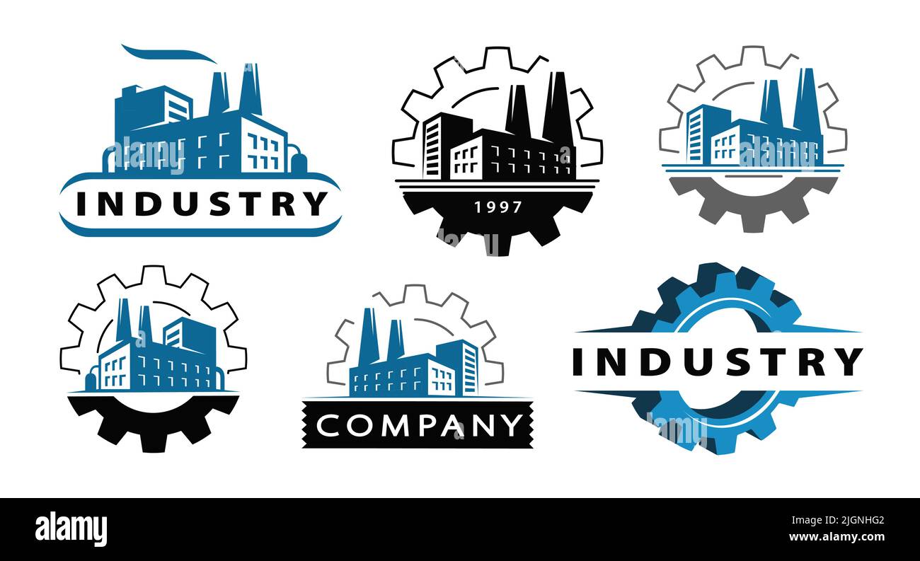 Factory with pipe and gear logo. Energy industrial concept. Industry symbol set vector Stock Vector