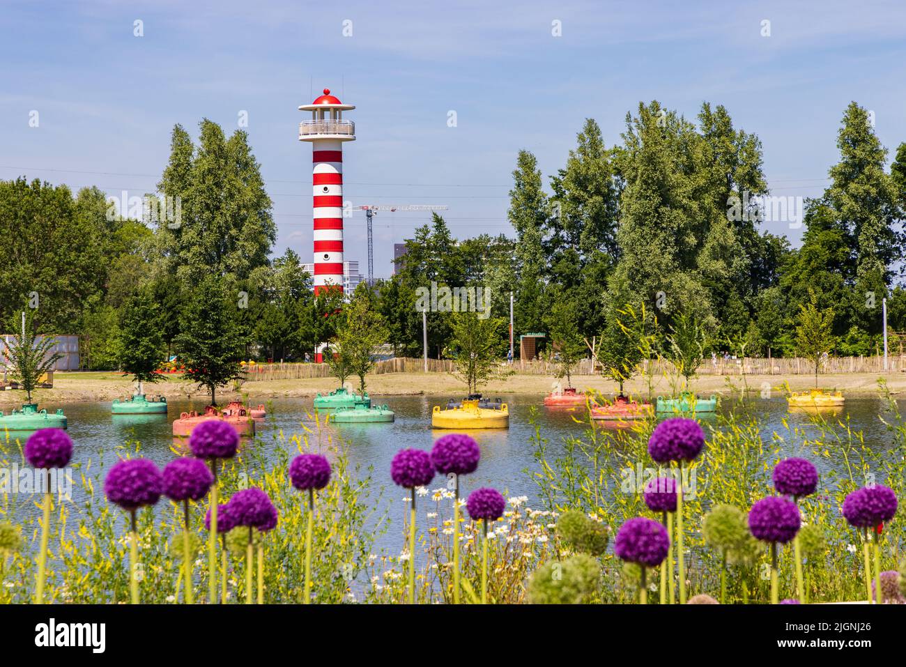 Almere, The Netherlanda June 15 Colorful lighthouse, floating trees