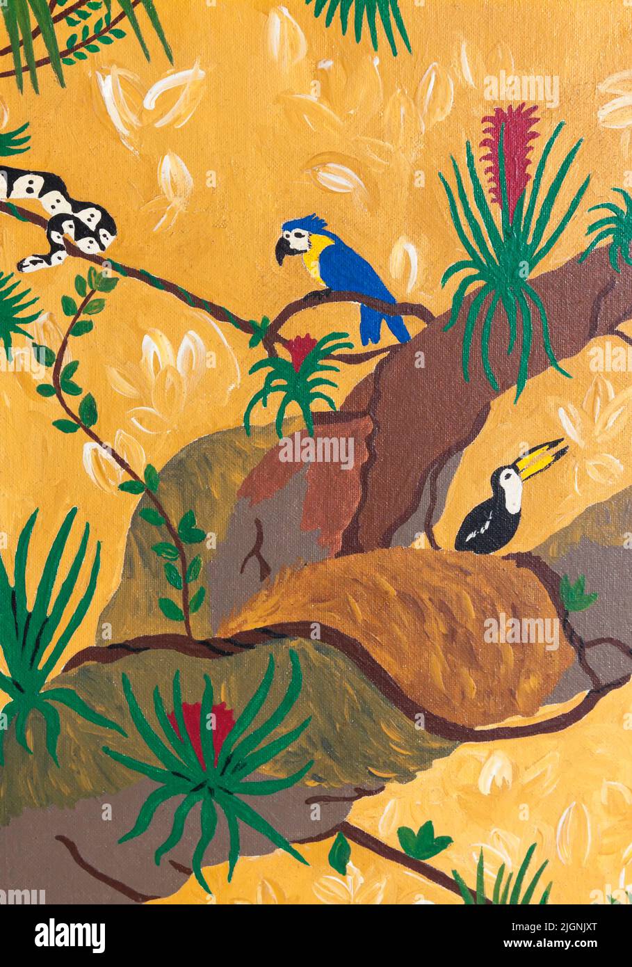 Painting jungle with birds and snake Stock Photo